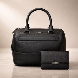 NEW FURLA Classic Black Distressed Leather Laila Satchel Bag + Tri-Fold Wallet